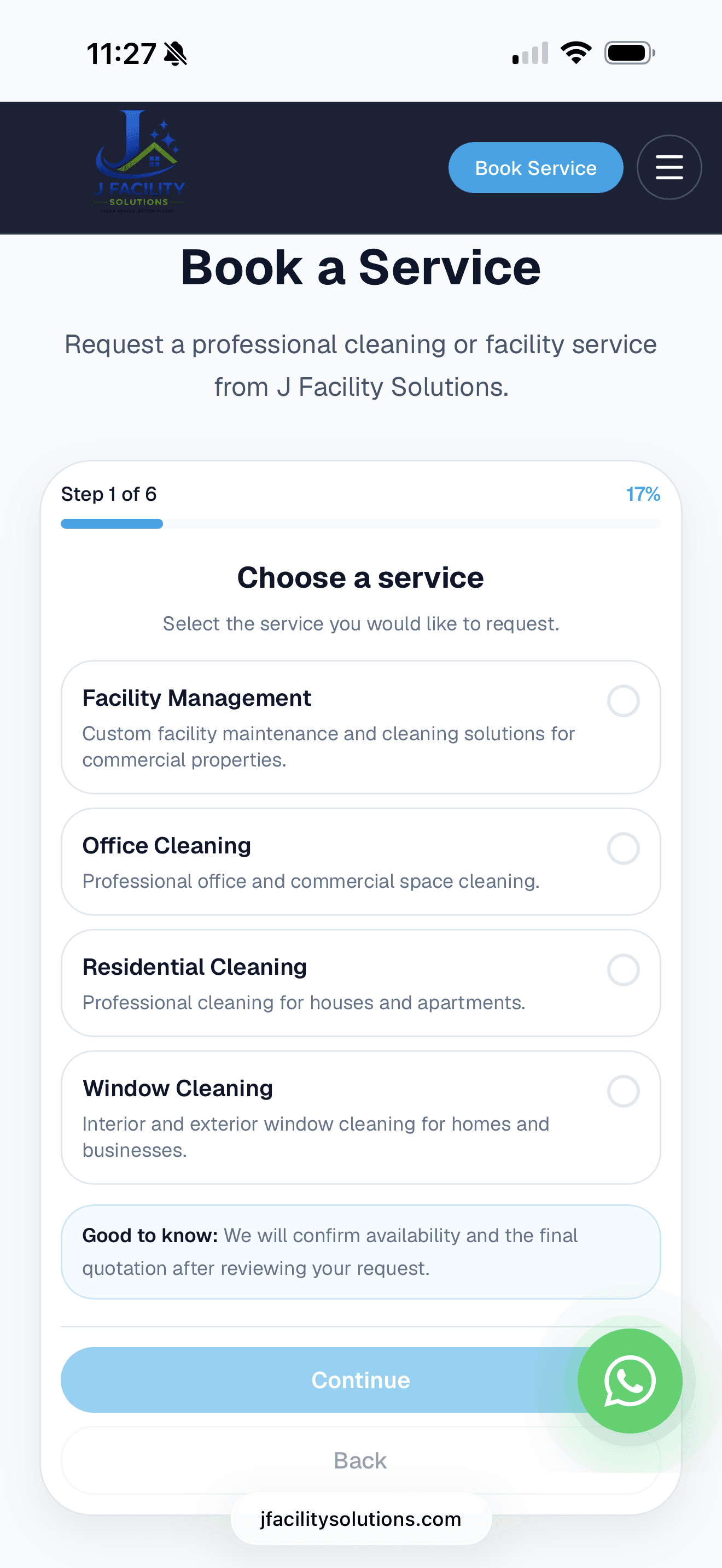 J Facility Solutions mobile experience